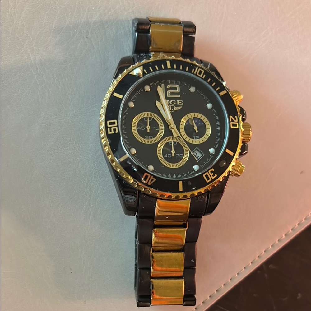 LIGE 8924 Stainless Steel Moon Phase Quartz  Watch